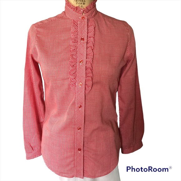 Wrangler Vintage Red Gingham Tuxedo Top size 9/10 Button Down Blouse Long Sleeve - Picture 2 of 9